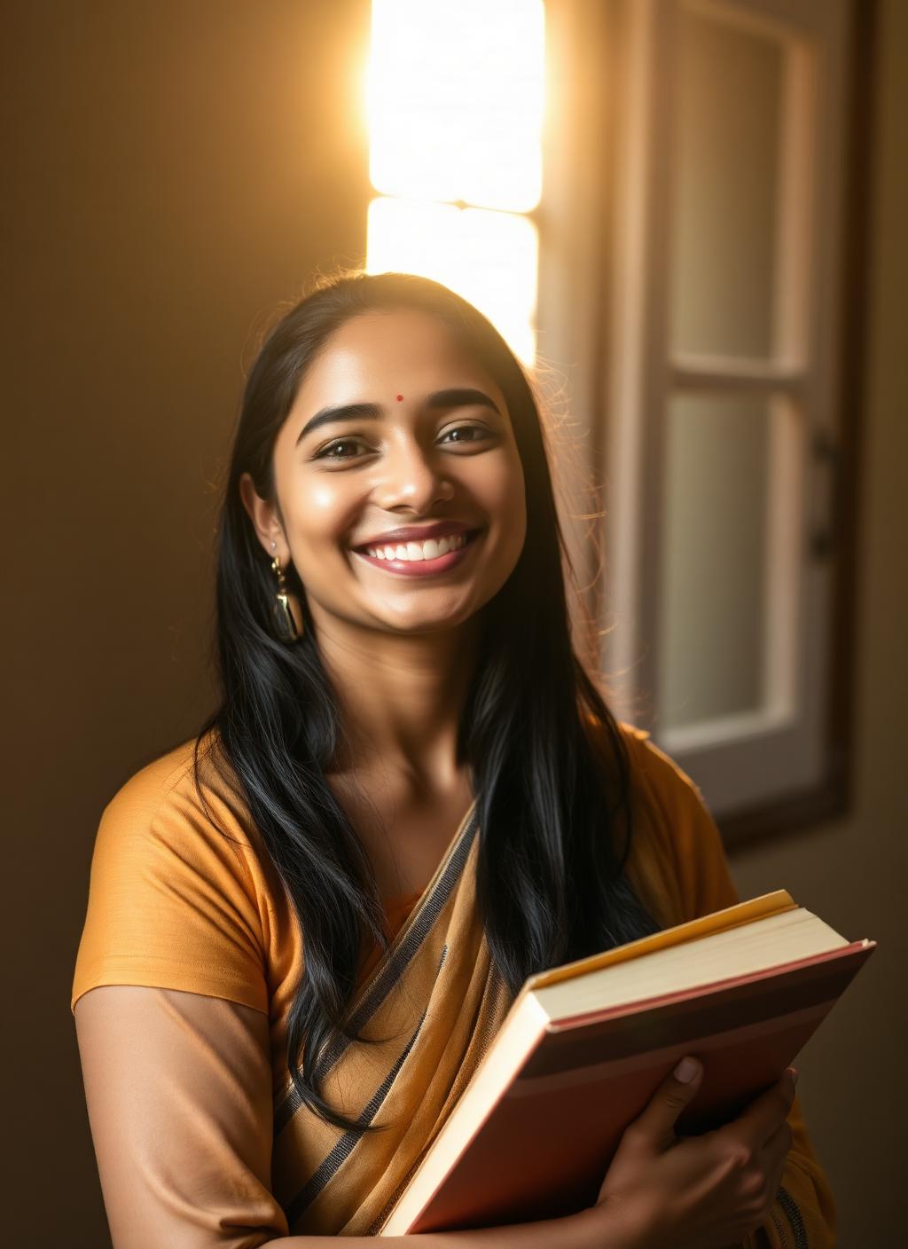 A young woman holding a book